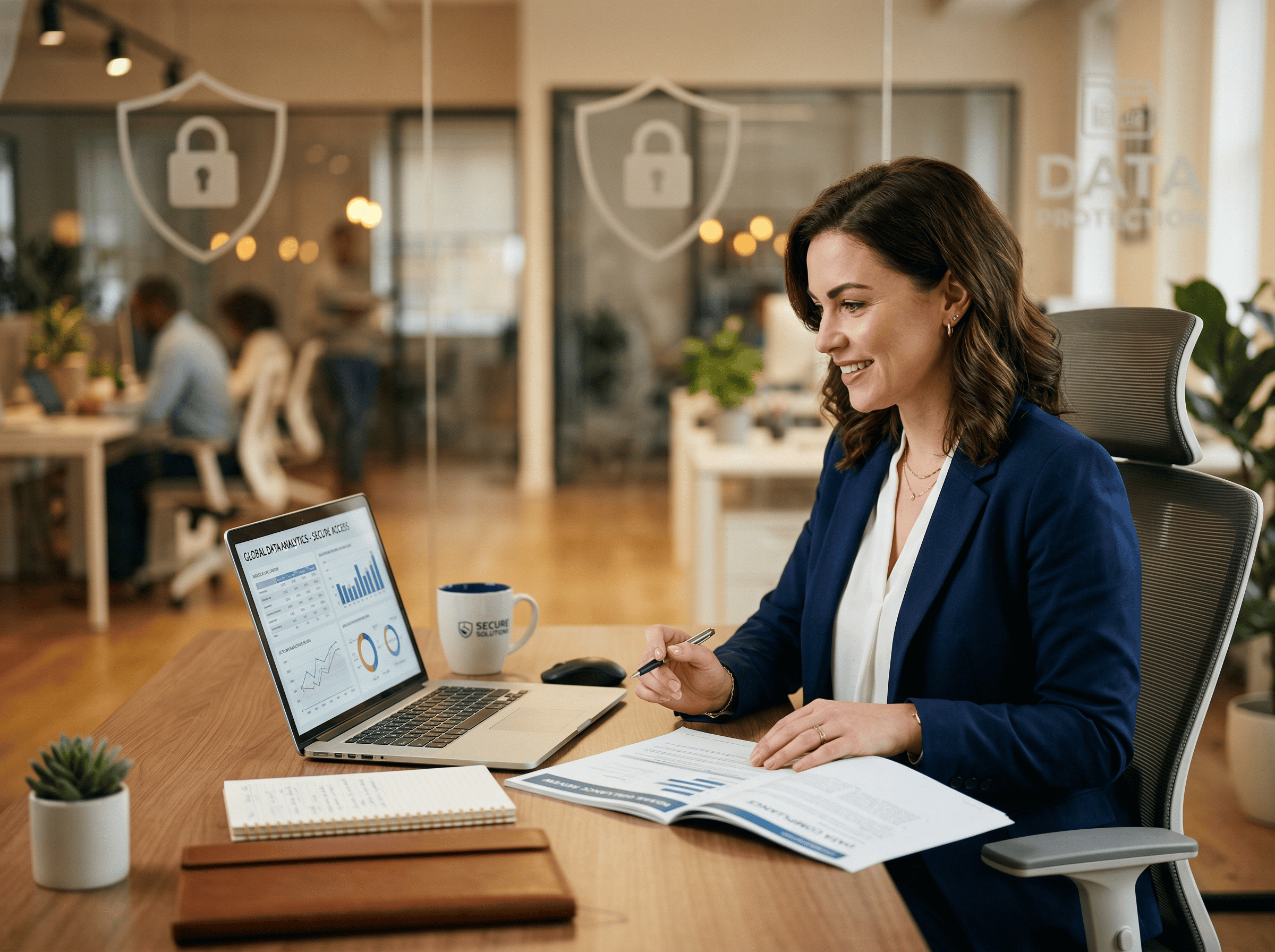 Firefly_Gemini Flash_A confident business professional sitting at a modern desk reviewing documents on a l 128868